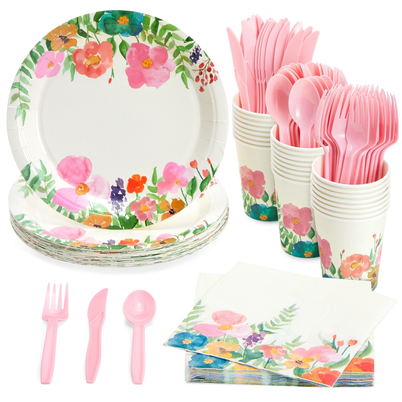 144 Piece Watercolor Tea Party Supplies with Pink Floral Paper Plates,  Napkins, Cups, and Cutlery, Disposable Tableware Set for Girls Baby Shower,  Wedding (Serves 24)